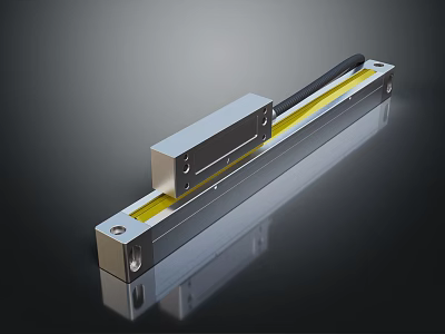 Precision Linear Encoder With Silver Metal Housing Yellow Strip Black Reflective Base And Cable 3d model