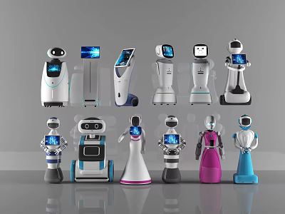 Various Service Robots With Different Designs Screen Displays And Colors On 3d model