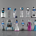 Various Service Robots With Different Designs Screen Displays And Colors On