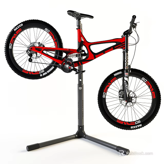 Red Mountain Bicycle on Repair Stand with DURO Tires and Suspension System 3d model 