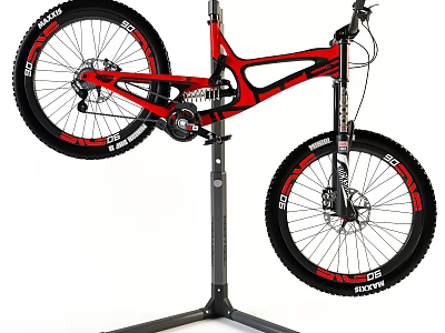 Red Mountain Bicycle on Repair Stand with DURO Tires and Suspension System 3d model