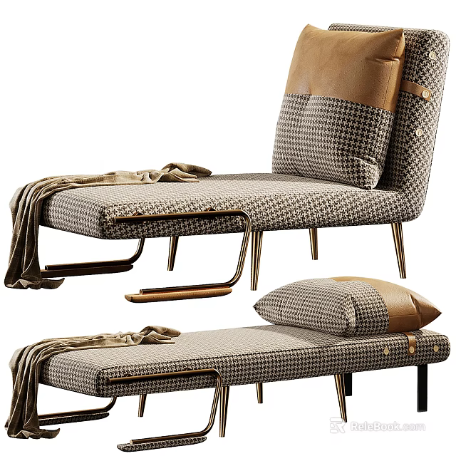 Modern Checkered Chaise Lounge With Brown Leather Pillows Metal Legs And Throw Blanket 3d model 
