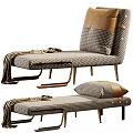 Modern Checkered Chaise Lounge With Brown Leather Pillows Metal Legs And Throw Blanket