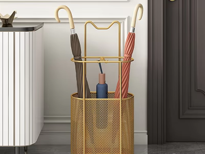White Modern Kitchen Cabinets With Gold Storage Rack And Dark Door Design 3d model