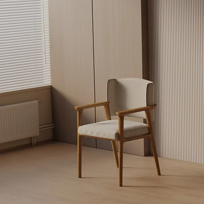 Modern Leisure Chair With Wooden Armrests Light Fabric Cushion In Minimalist Interior 3d model