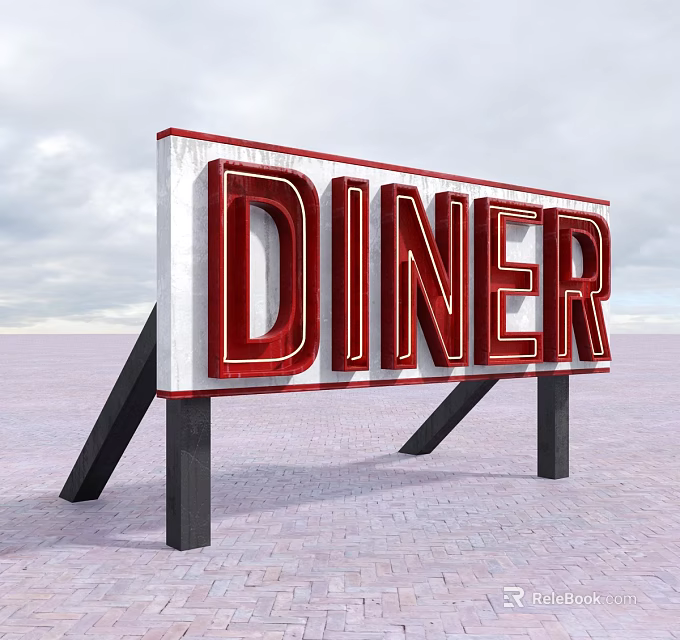 Diner Billboard With Red Lettering And Black Supports On Brick Ground Under Sky 3d model 