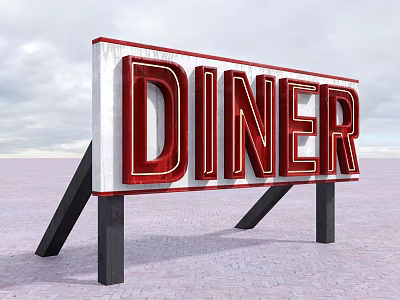Diner Billboard With Red Lettering And Black Supports On Brick Ground Under Sky 3d model