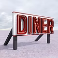 Diner Billboard With Red Lettering And Black Supports On Brick Ground Under Sky