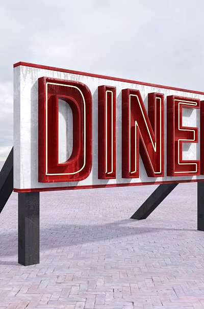 Diner Billboard With Red Lettering And Black Supports On Brick Ground Under Sky 3d model