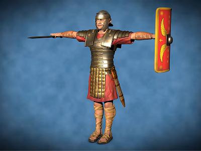 Roman Soldier in Ancient Armor Holding Sword Shield and Red Cloak Posing on Blue Background 3d model
