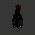 Ancient Roman Helmet Weapon With Red Feather Plume Metallic Build And Golden Engravings
