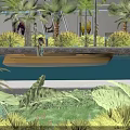Scenic Calm Water Landscape With Person In Wooden Boat And Illuminated Palm Trees