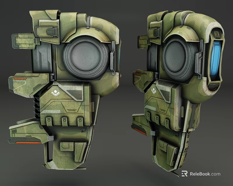 Green Camouflage Mechanical Arm Component With Circular Lens And Metal Structure Design 3d model 