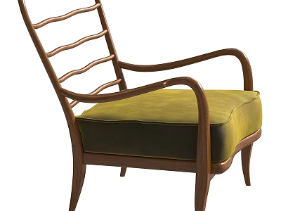 Upholstered Leisure Chair With Wooden Frame Curved Armrests And Yellow Cushion 3d model