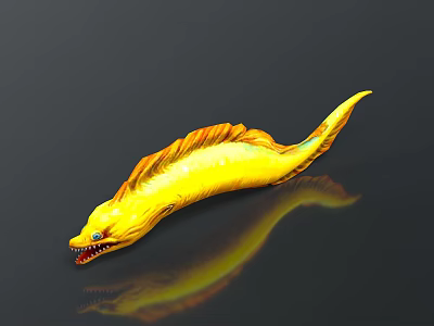 Yellow Fish With Orange Fins Open Mouth Sharp Teeth On Dark Background With Reflection 3d model