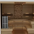 Modern Shower Sauna Interior With Wooden Benches Warm Lighting And Decorative Log Wall