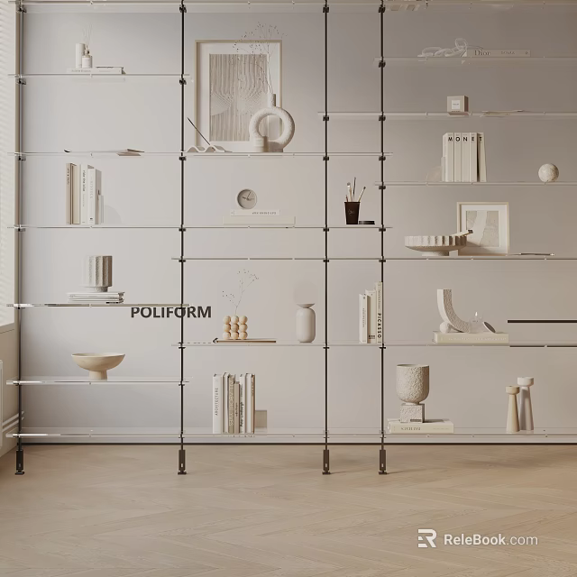Poliform Modern Bookshelf With Metal Frame Glass Shelves And Decorative Items 3d model 
