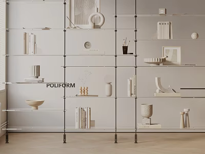 Poliform Modern Bookshelf With Metal Frame Glass Shelves And Decorative Items 3d model