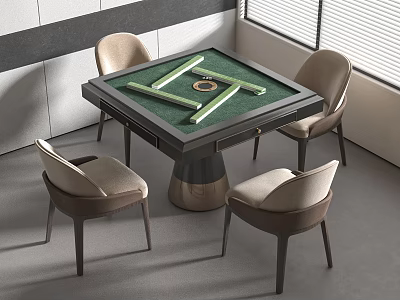 Square Entertainment Table with Green Surface Mahjong Tiles Dice and Four Chairs in Modern Room 3d model