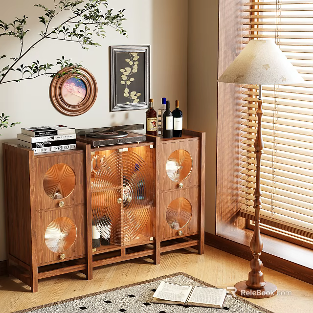 Elegant Wooden Sideboard With Glass Doors Wine Bottles Record Player And Wall Decor 3d model 
