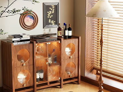 Elegant Wooden Sideboard With Glass Doors Wine Bottles Record Player And Wall Decor 3d model
