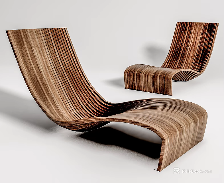 Modern Wooden Lounge Chair With Curved Structure And Natural Wood Grain 3d model 