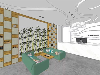 Elegant Beauty Salon Interior With Green Sofas Bamboo Pattern Wall And Modern Ceiling 3d model
