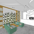 Elegant Beauty Salon Interior With Green Sofas Bamboo Pattern Wall And Modern Ceiling