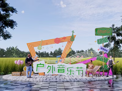 Outdoor Music Festival Photo Spot With Green Field Blue Sky And Music Note Decorations 3d model