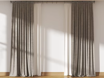 Gray And White Layered Curtains With Light Shadows On White Wall Wooden Floor 3d model
