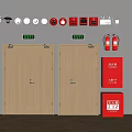 Wall Mounted Fire Safety Equipment With Beige Doors Red Extinguishers And Green Indicators
