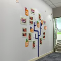Tree Shaped Photo Wall Featuring Colorful Frames Blue Lines Orange Letters White Squares Bird Decor