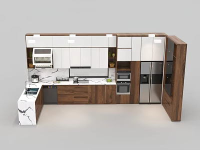 Modern Kitchen Interior With Wooden White Cabinets And Marble Countertop Appliances Design 3d model