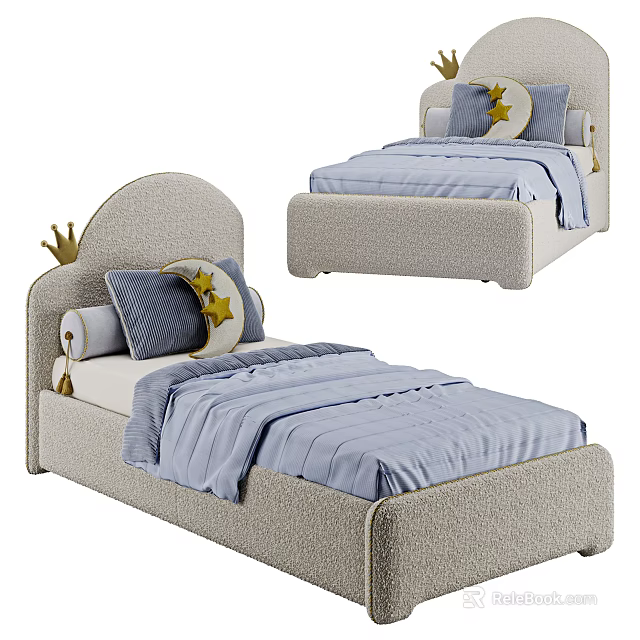 Upholstered Kids Bed With Curved Headboard Blue Bedding Moon Star Crown Decor 3d model 