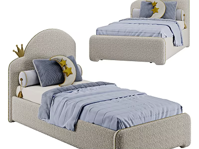 Upholstered Kids Bed With Curved Headboard Blue Bedding Moon Star Crown Decor 3d model