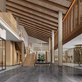 High Ceiling Natural Wood Hotel Lobby Front Reception Area With Bright Open Public Lounge