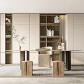 Modern Study Desk and Chair Combination Bookcase End View Table Chandelier Wall Decoration Carpet Curtain 3d model