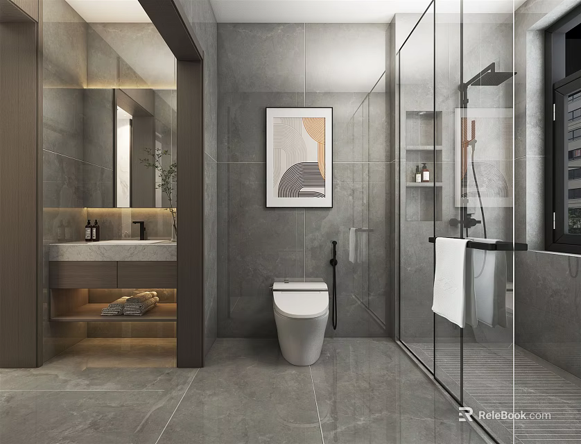 Modern Minimalist Grey Tiled Bathroom With Wall Art Glass Shower Enclosure And Smart Toilet 3d model 