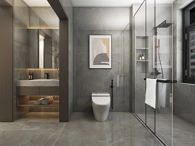 Modern Minimalist Grey Tiled Bathroom With Wall Art Glass Shower Enclosure And Smart Toilet 3d model