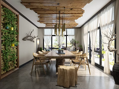 Rustic Restaurant Interior With Wooden Ceiling Green Plant Wall Deer Head Decor And Long Table 3d model