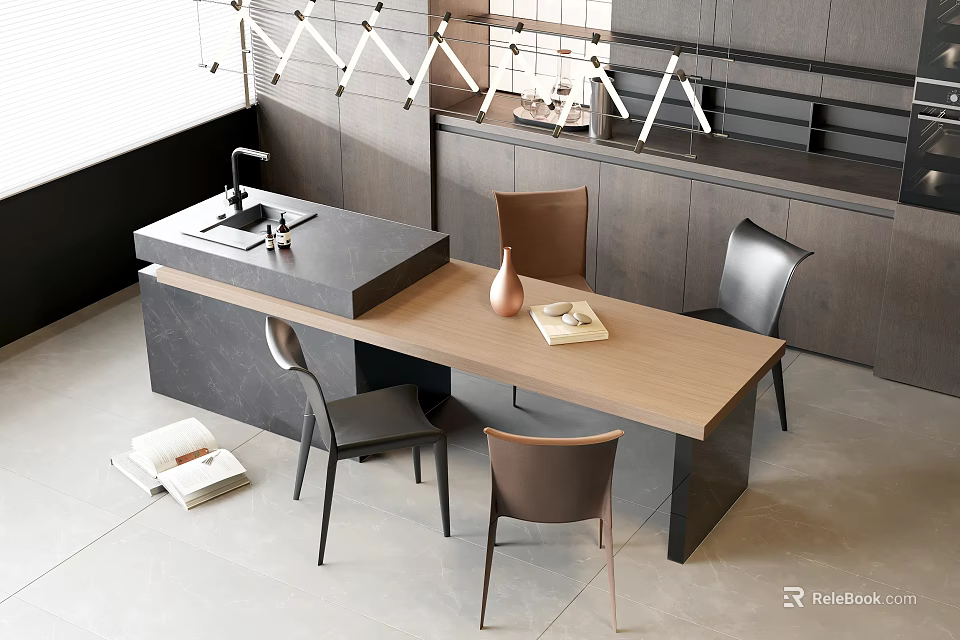 Modern Kitchen Interior Dining Table Set With Sleek Chairs And Pendant Lights 3d model