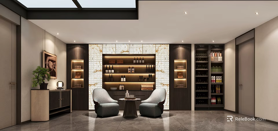 Modern Rest Lounge Interior With Two Armchairs Coffee Table And Wine Storage Racks 3d model 