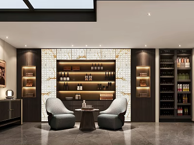 Modern Rest Lounge Interior With Two Armchairs Coffee Table And Wine Storage Racks 3d model
