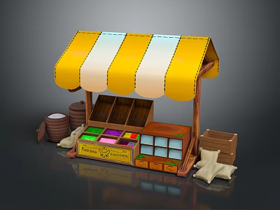 Colorful Candy Confectionery Stall With Yellow White Striped Awning Display Cabinet And Wooden Barrels 3d model
