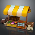 Colorful Candy Confectionery Stall With Yellow White Striped Awning Display Cabinet And Wooden Barrels