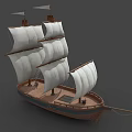 Wooden Sailing Ship With White Sails And Multiple Masts Classic Design 3d model