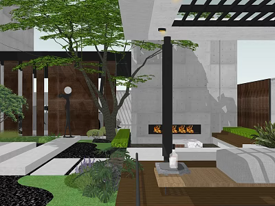 Modern Courtyard Garden With Concrete Structure Wooden Screen Stone Pathway And Fire Pit 3d model