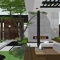 Modern Courtyard Garden With Concrete Structure Wooden Screen Stone Pathway And Fire Pit