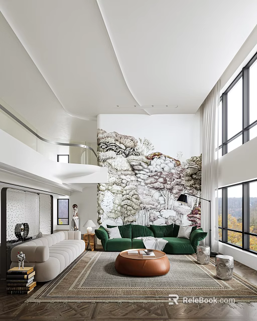 Modern Living Room Interior Design With Green Sofa Natural Theme Mural And Large Windows 3d model 