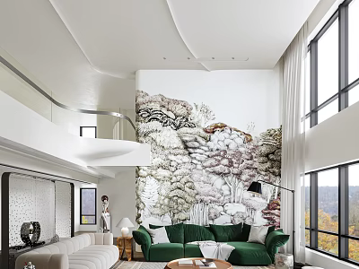 Modern Living Room Interior Design With Green Sofa Natural Theme Mural And Large Windows 3d model